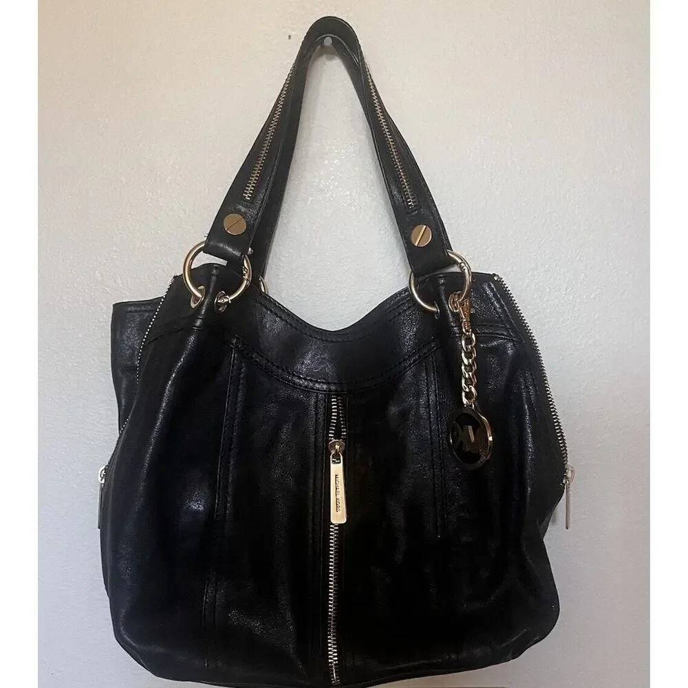 Michael Kors Moxley Black Leather Gold Zippers Details Shoulder Bag